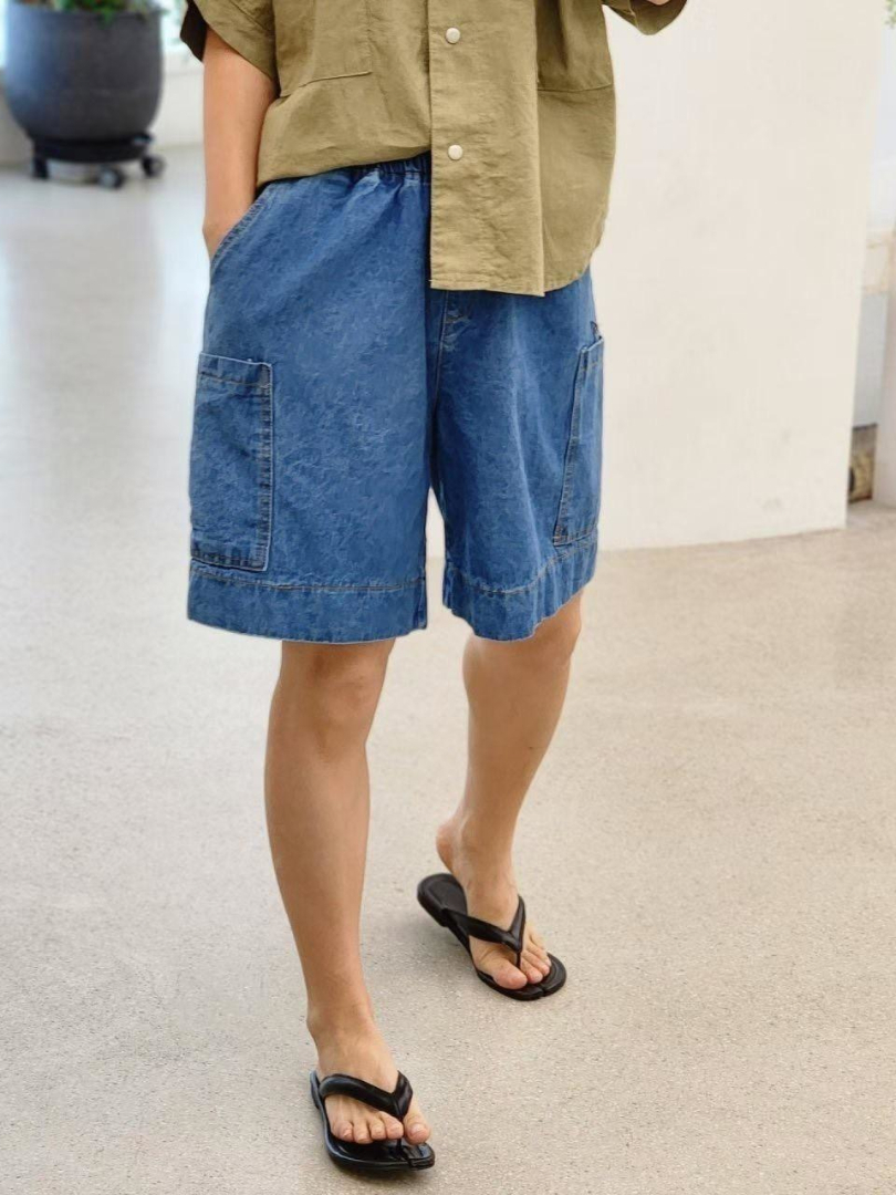 韓系丹寧五分寬褲｜鬆緊腰大口袋牛仔短褲