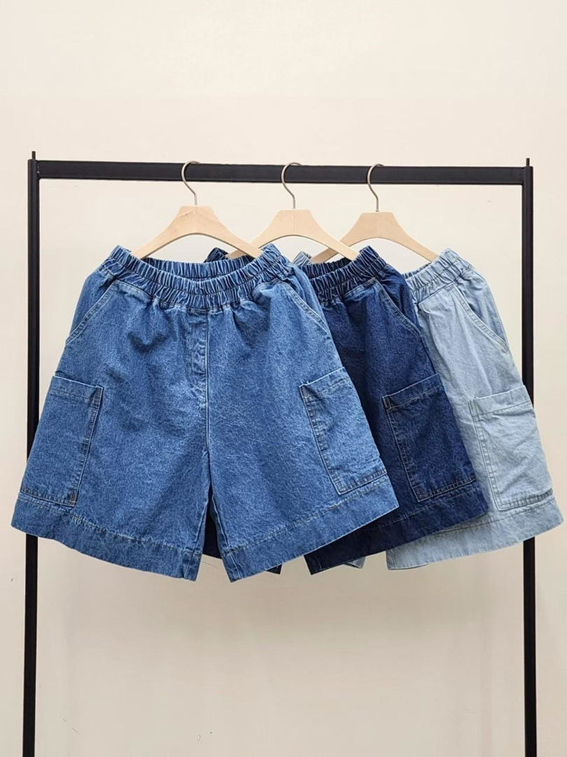 韓系丹寧五分寬褲｜鬆緊腰大口袋牛仔短褲