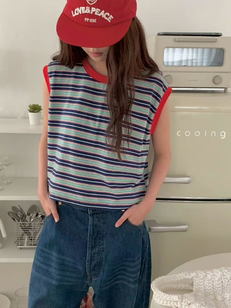 韓系亮眼配色細條紋背心★夏日清爽減齡穿搭