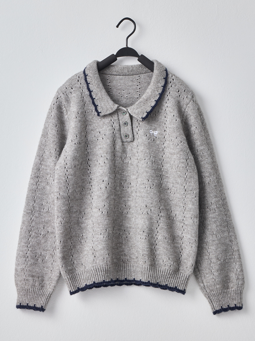 翻領滾邊配色蝴蝶結挑洞針織上衣