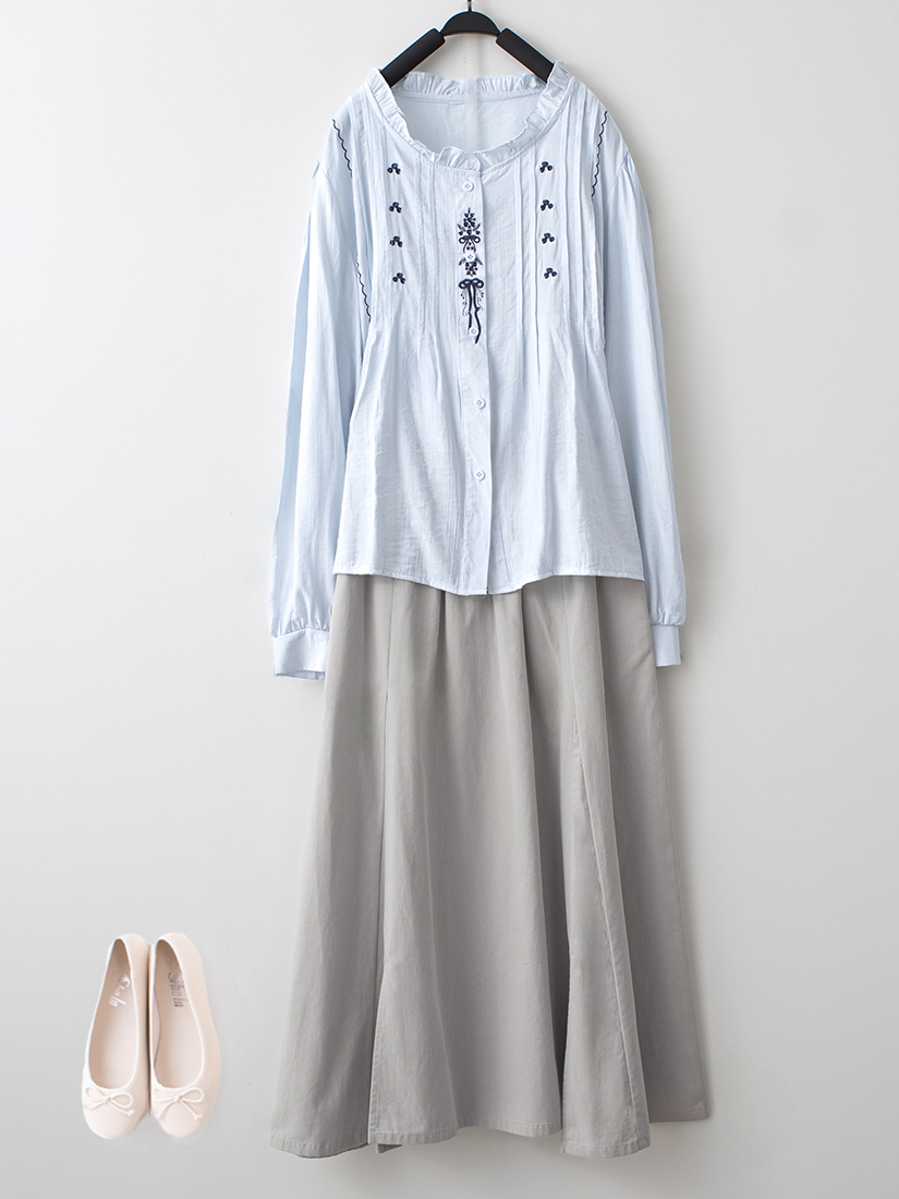 荷葉刺繡壓褶襯衫剪接開衩純棉長裙組合