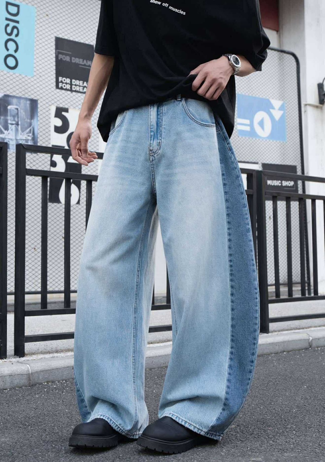 水洗雙刷色彎刀褲 180014