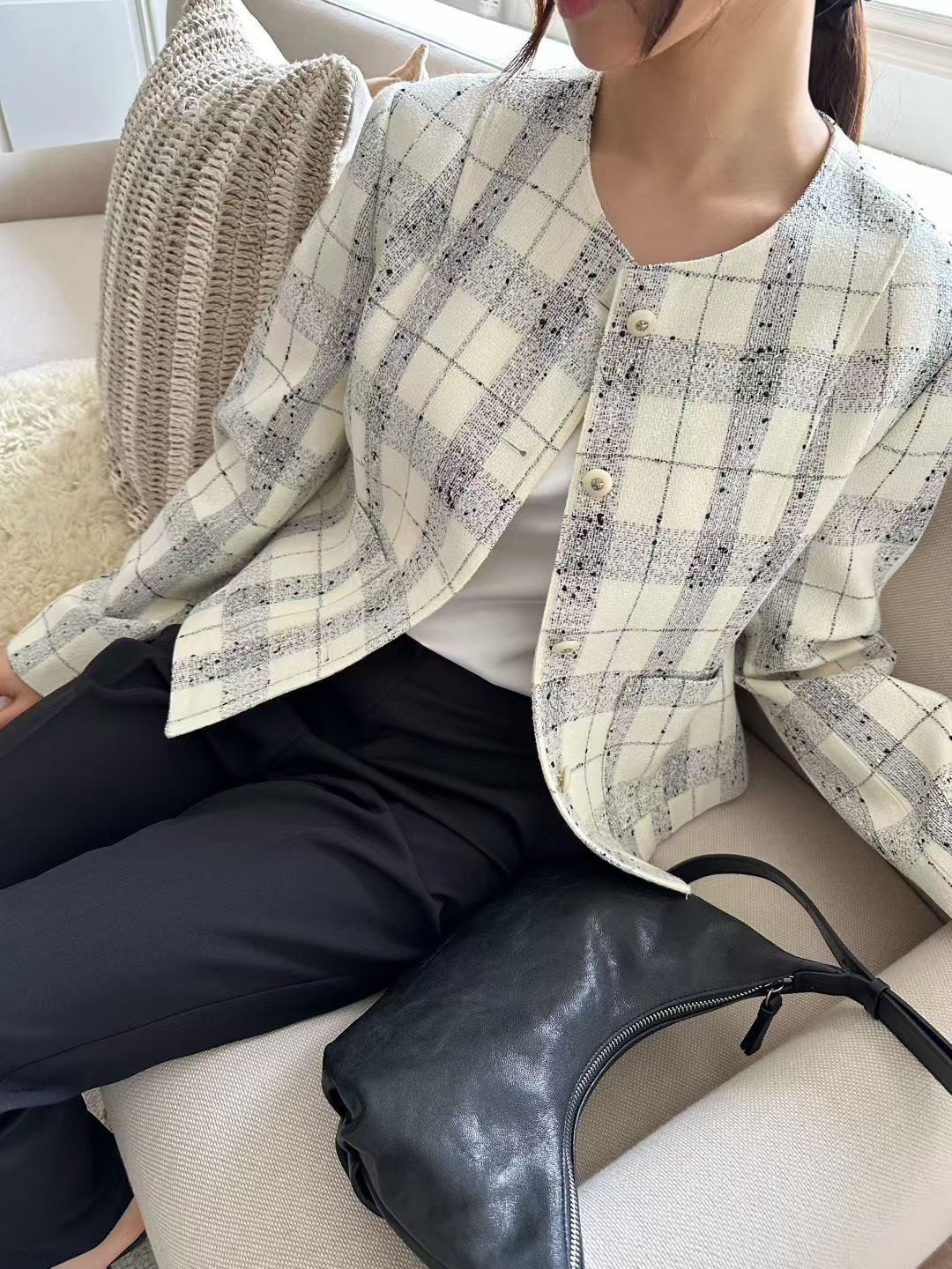 無領格紋西裝外套