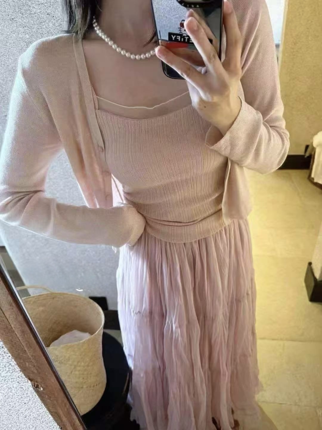 618 細肩網紗背心+針織外套兩件組