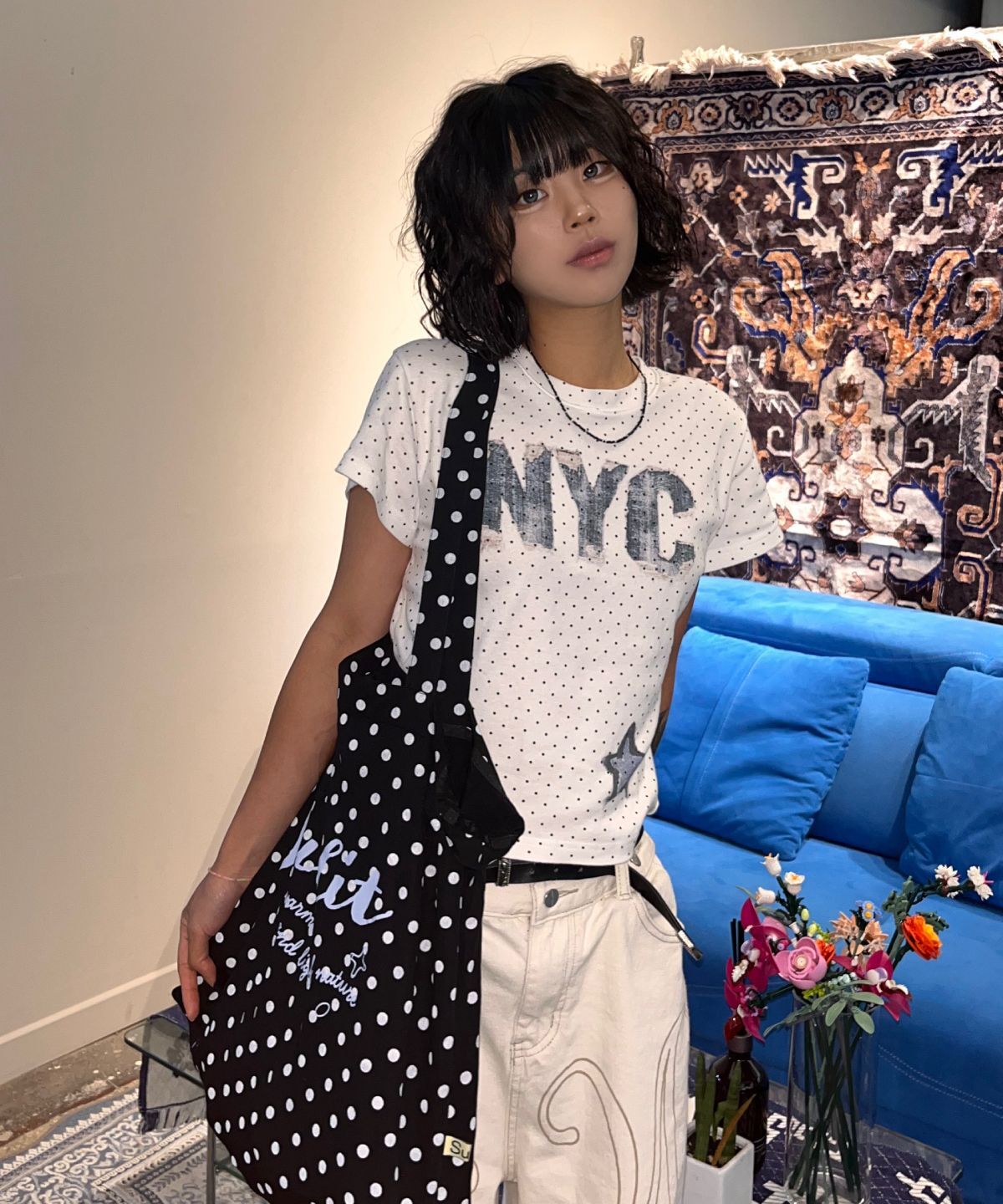 DAMISH 丹寧補丁印花點點短袖T恤 象牙白 P00000DH