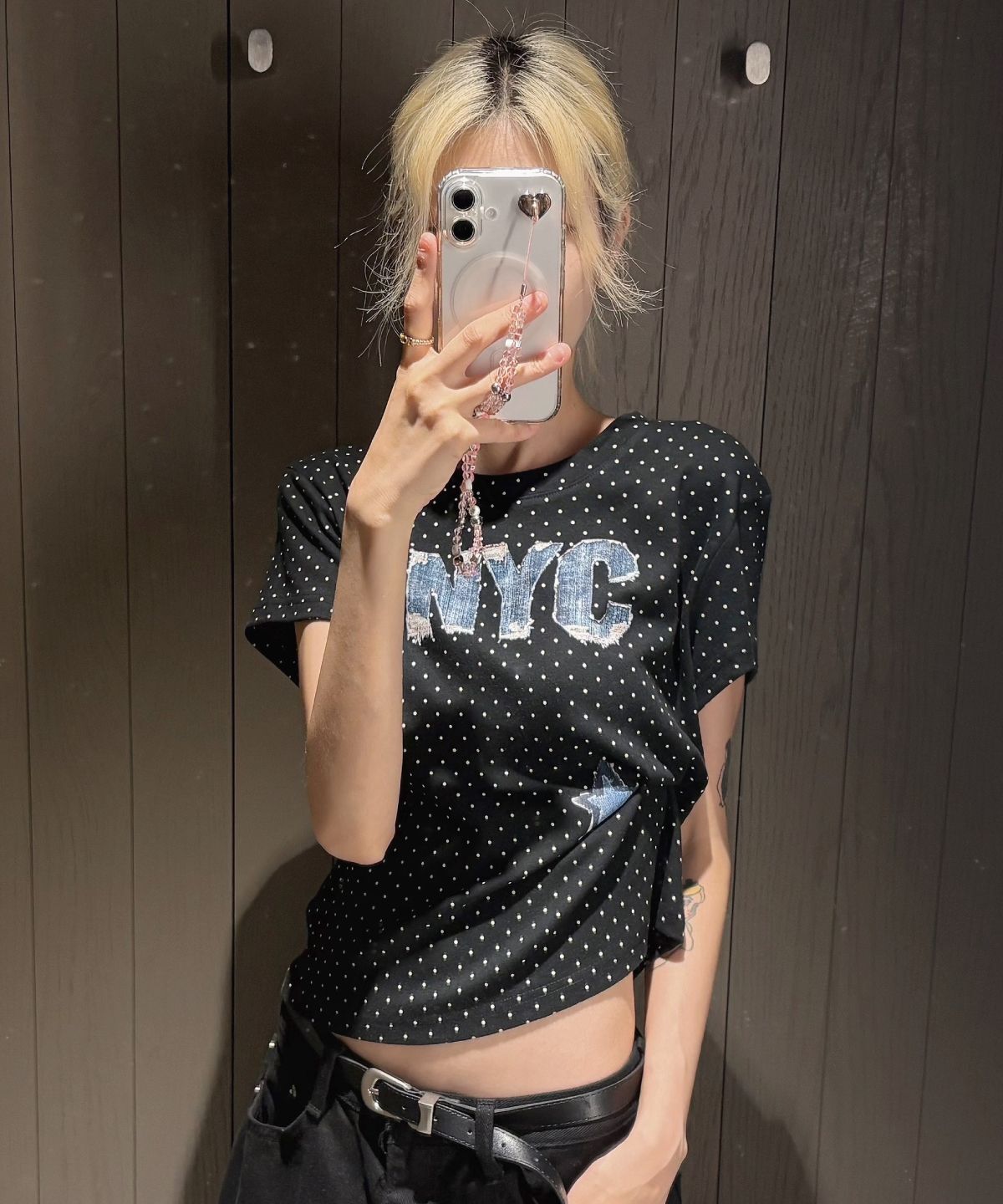 DAMISH 丹寧貼片圓點圖案T恤 黑色 P00000DH