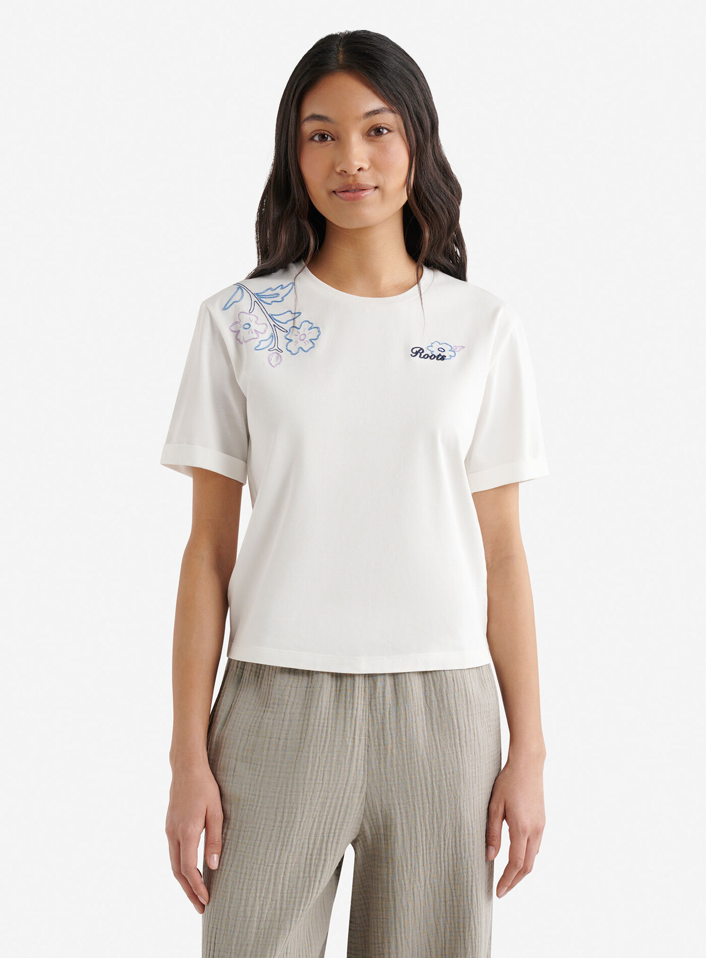 ROOTS 女大人 花卉系列 刺繡圖案 寬版(Relaxed) 短TEE (2色)