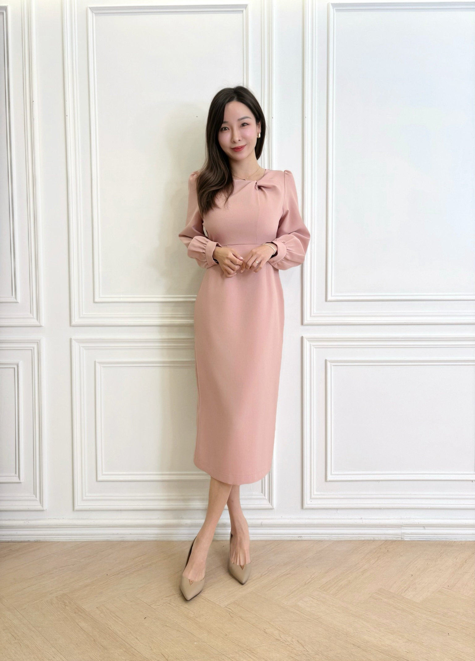 優雅緞光領間側扭結腰身洋