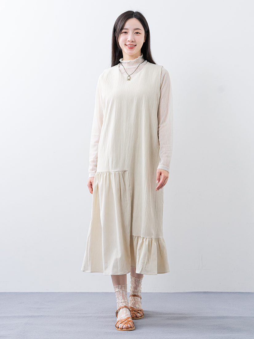 自然皺感不對稱長洋裝透膚小立領上衣組合
