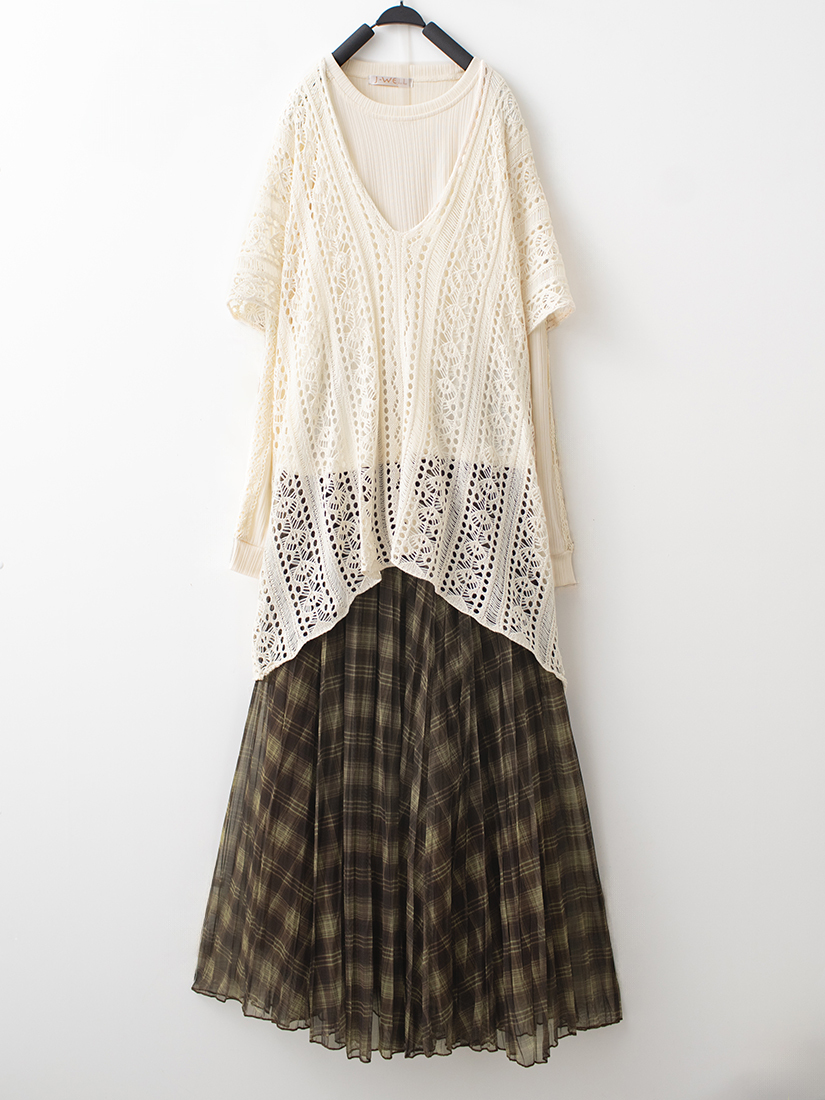 簍空針織罩衫條紋簍空長袖內搭格紋百褶網紗長裙組合