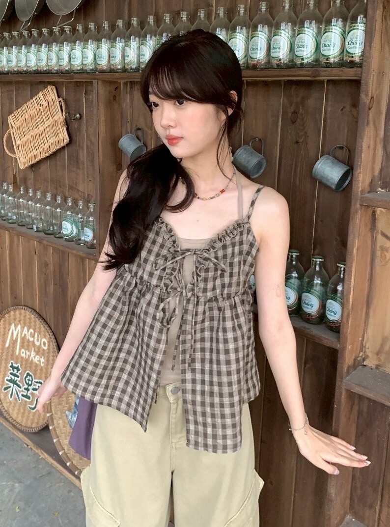 髮圈+掛脖背心+前綁格紋背心