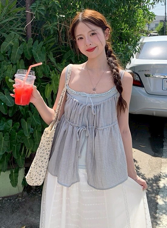 蕾絲邊背心+前綁亞麻背心