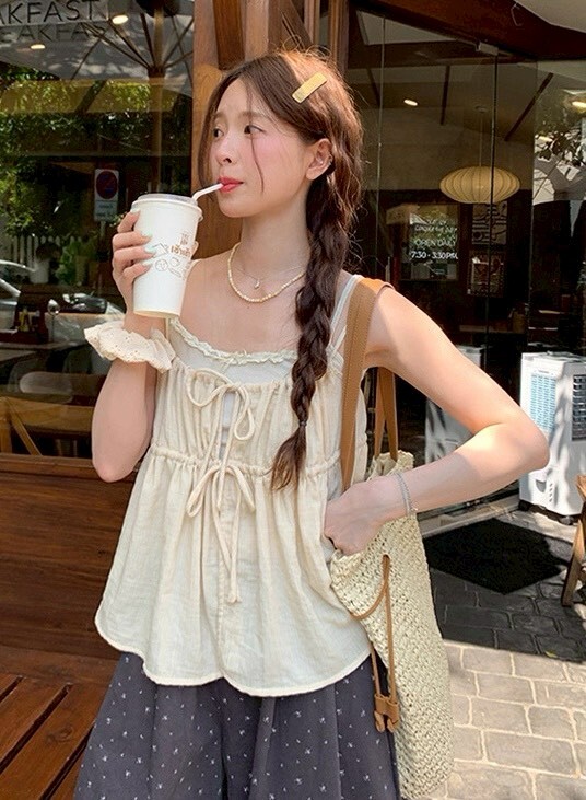 蕾絲邊背心+前綁亞麻背心