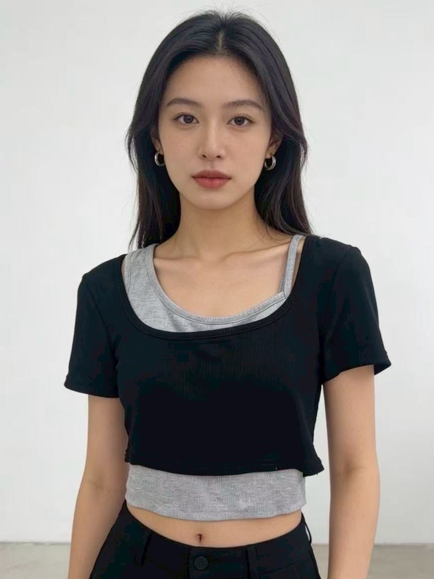 粗細肩罩杯背心+方領短版衣