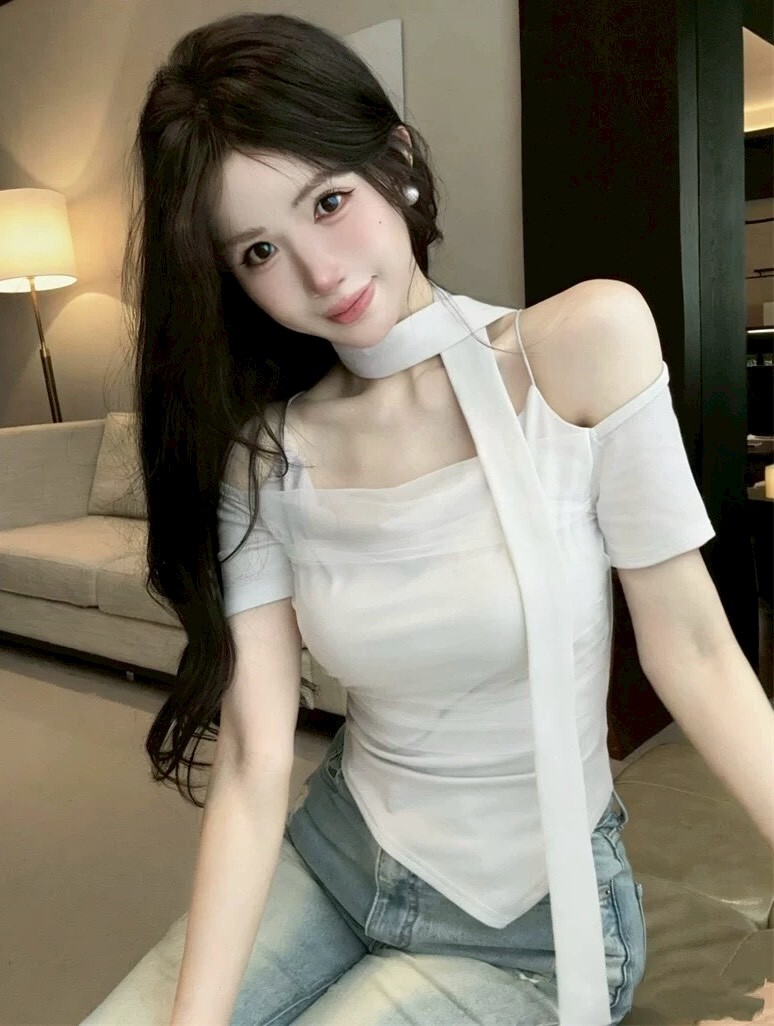 拼接網紗細肩罩杯上衣+繞脖