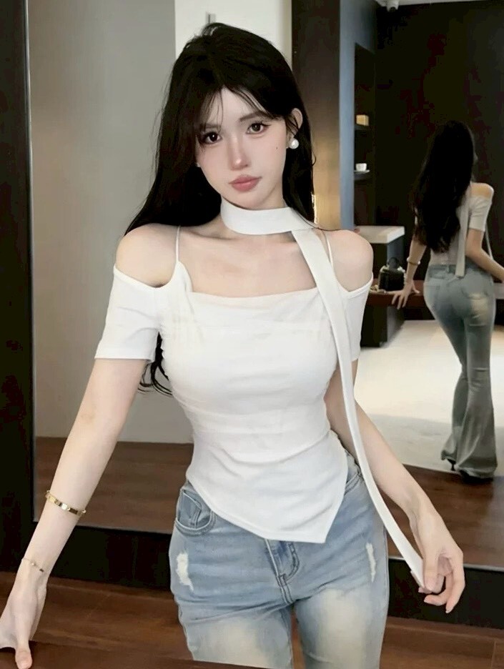 拼接網紗細肩罩杯上衣+繞脖