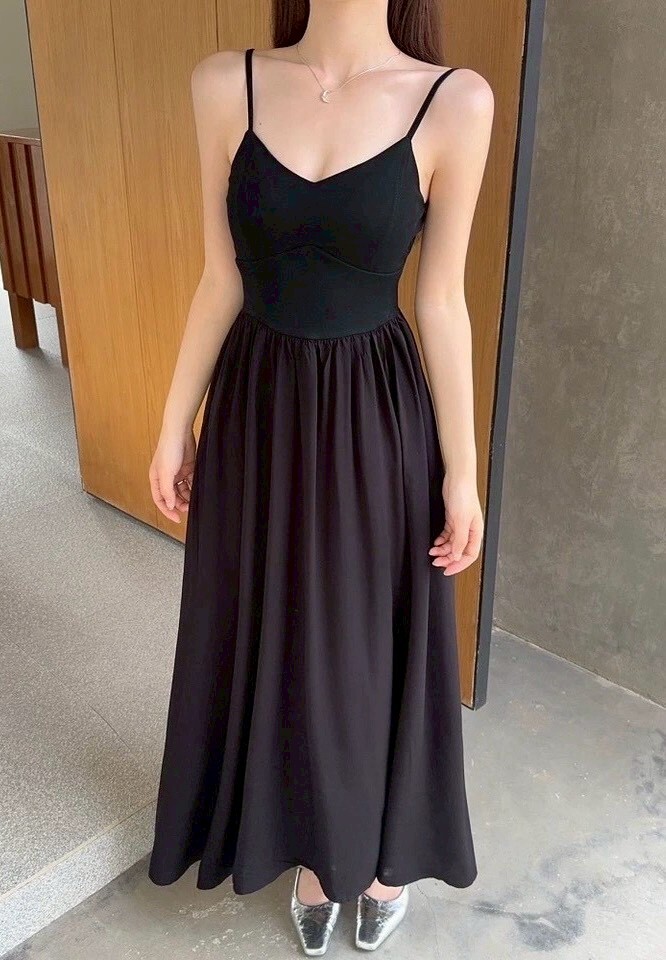 拼接雪紡縮腰罩杯背心長洋