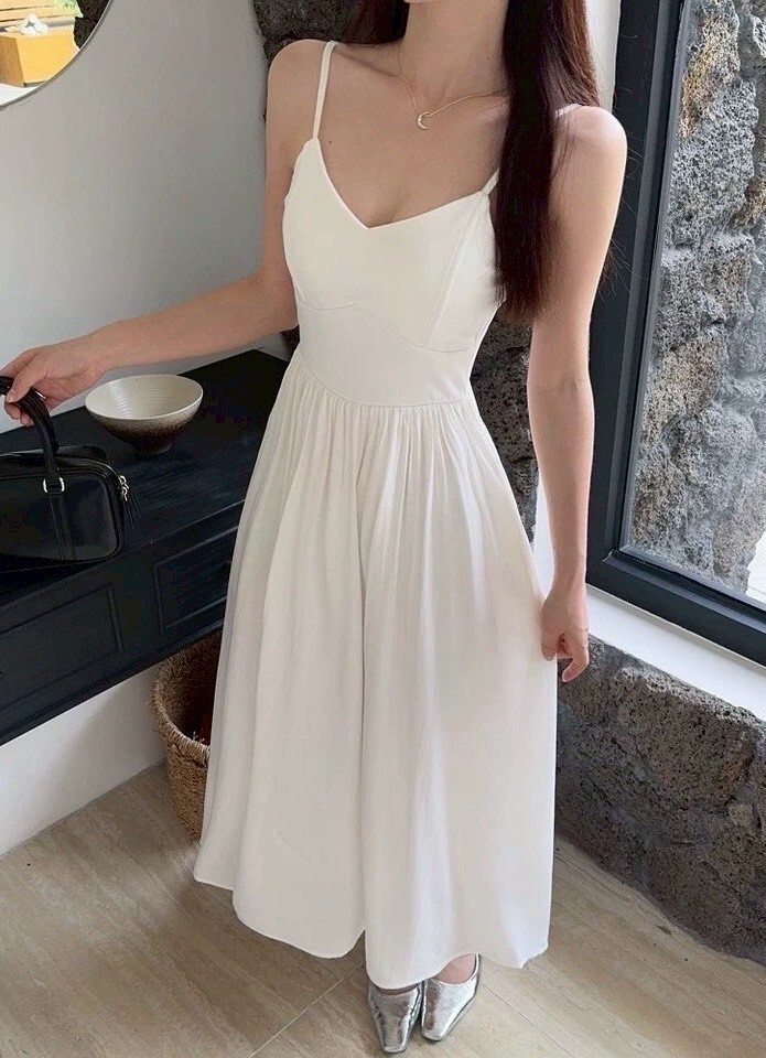 拼接雪紡縮腰罩杯背心長洋