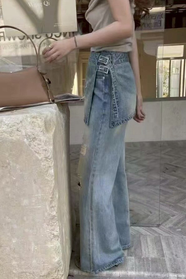 側釦開岔短裙刷破牛仔褲 8573