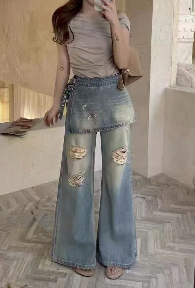 側釦開岔短裙刷破牛仔褲 8573