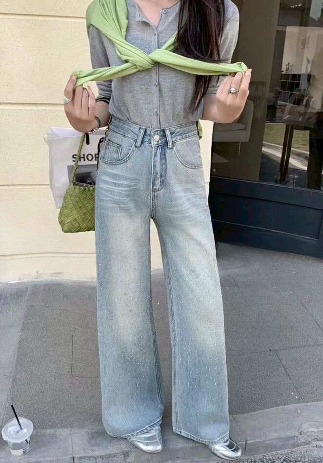 後標貼鑽復古牛仔寬褲 9923