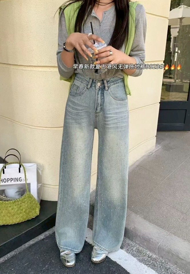 後標貼鑽復古牛仔寬褲 9923