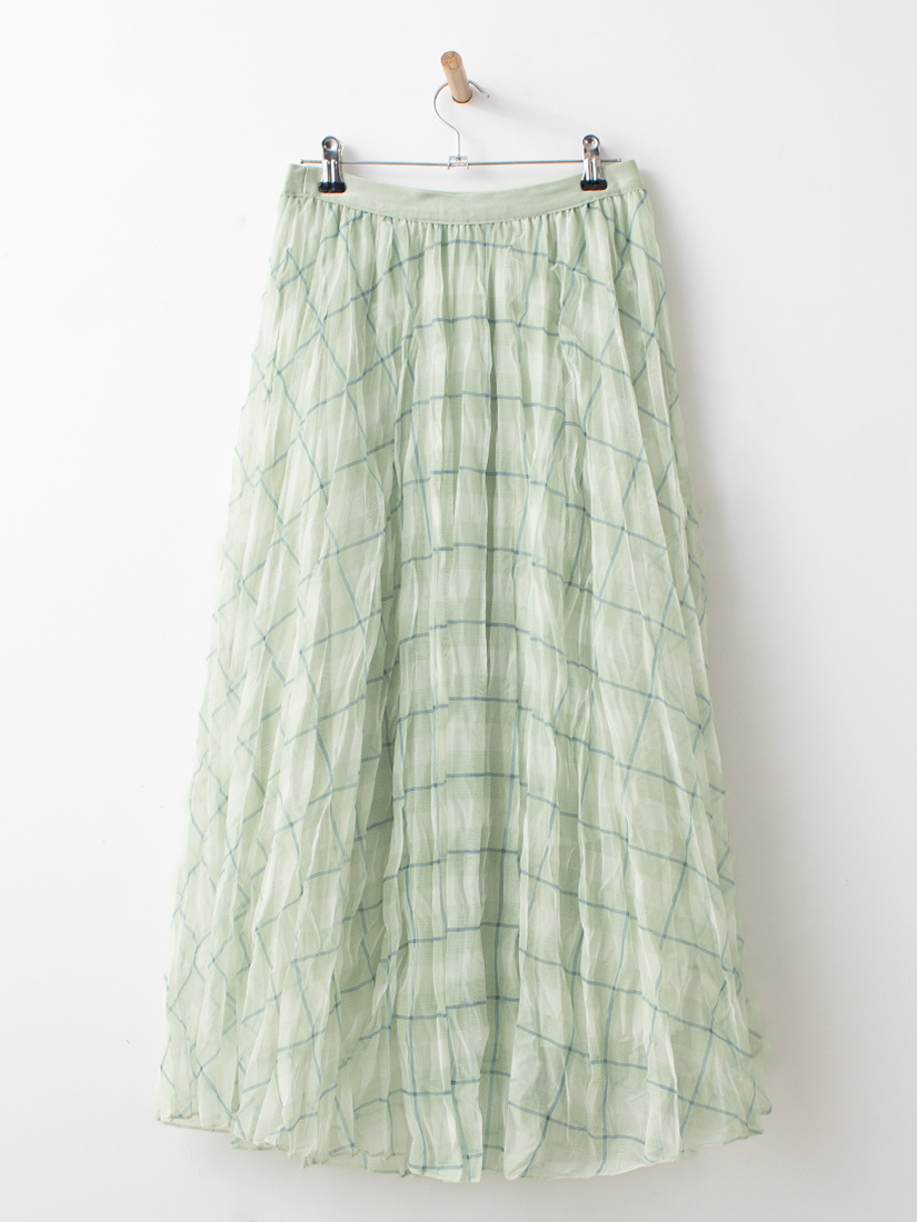 慵懶壓皺格紋雙層網紗長裙