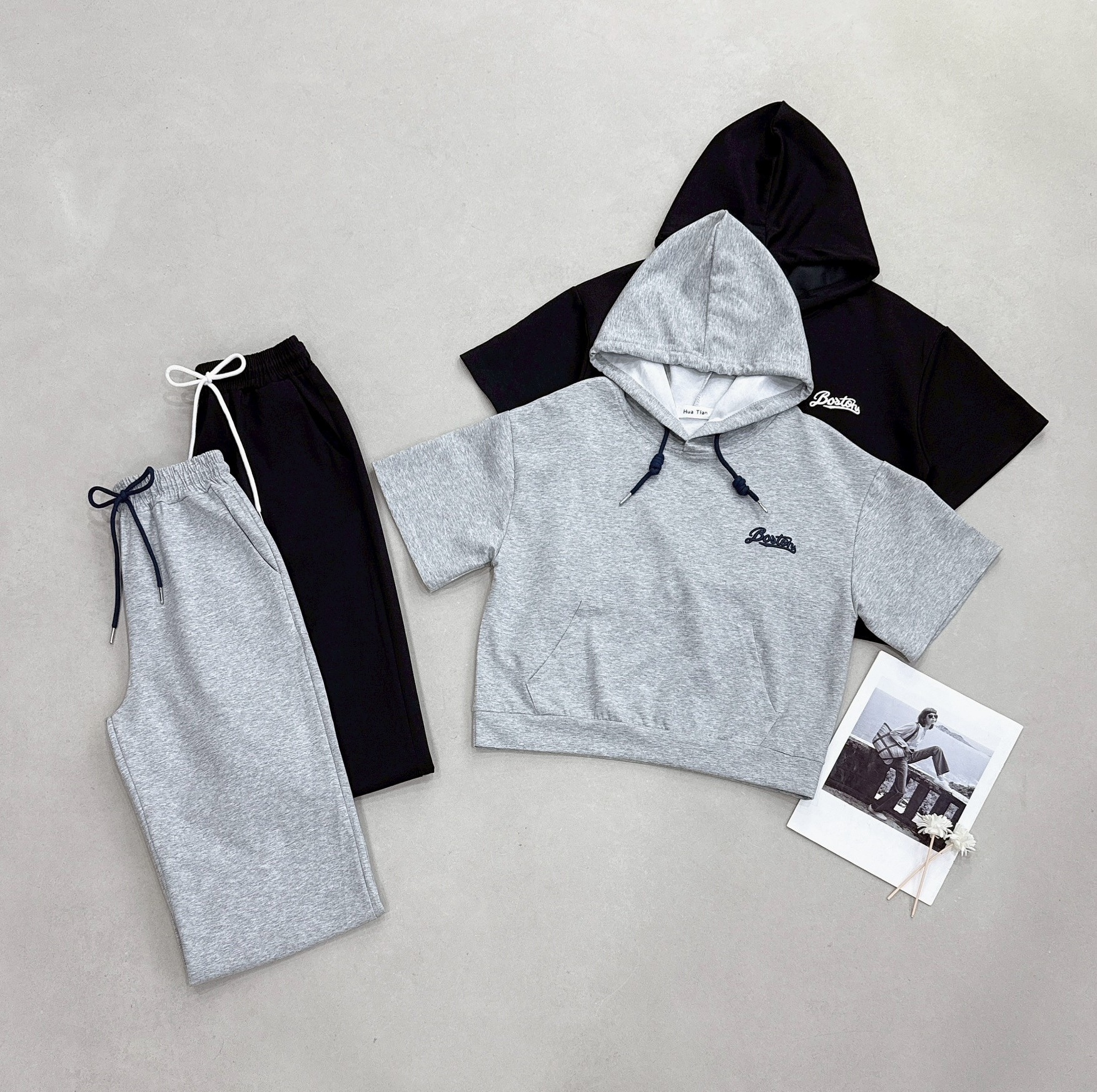 撞色刺繡大口袋連帽衣+長褲