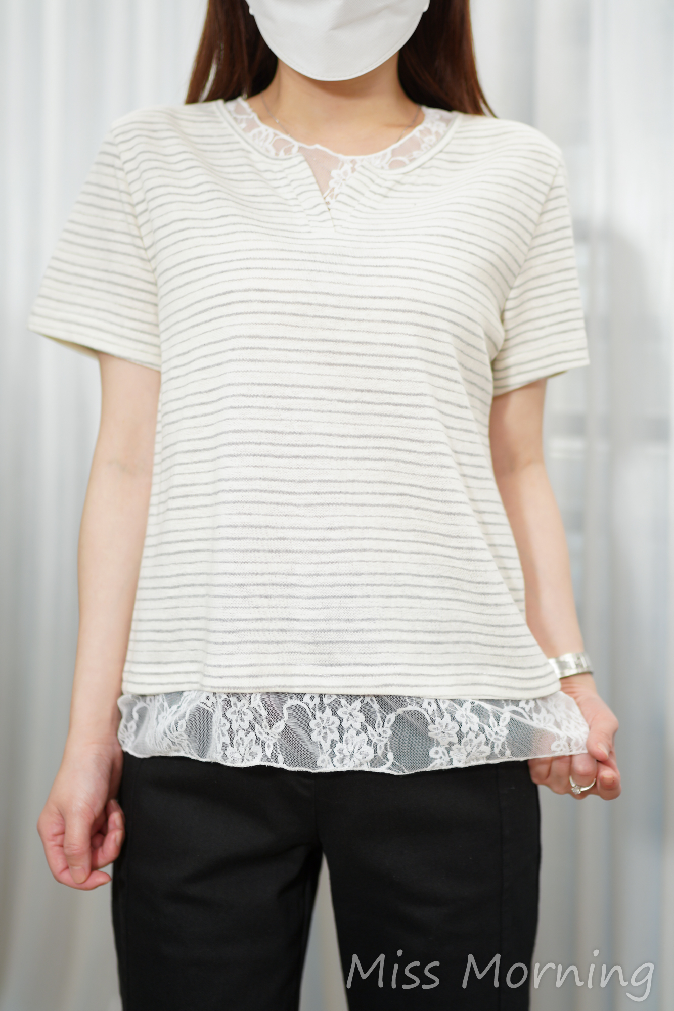 條子Lace邊邊款上衣(15146)