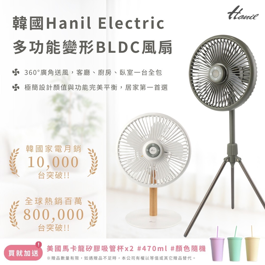 限宅配 買韓國 Hanil Electric 5合一多功能變形BLDC風扇 送 美國馬卡龍矽膠吸管杯x2 顏色隨機