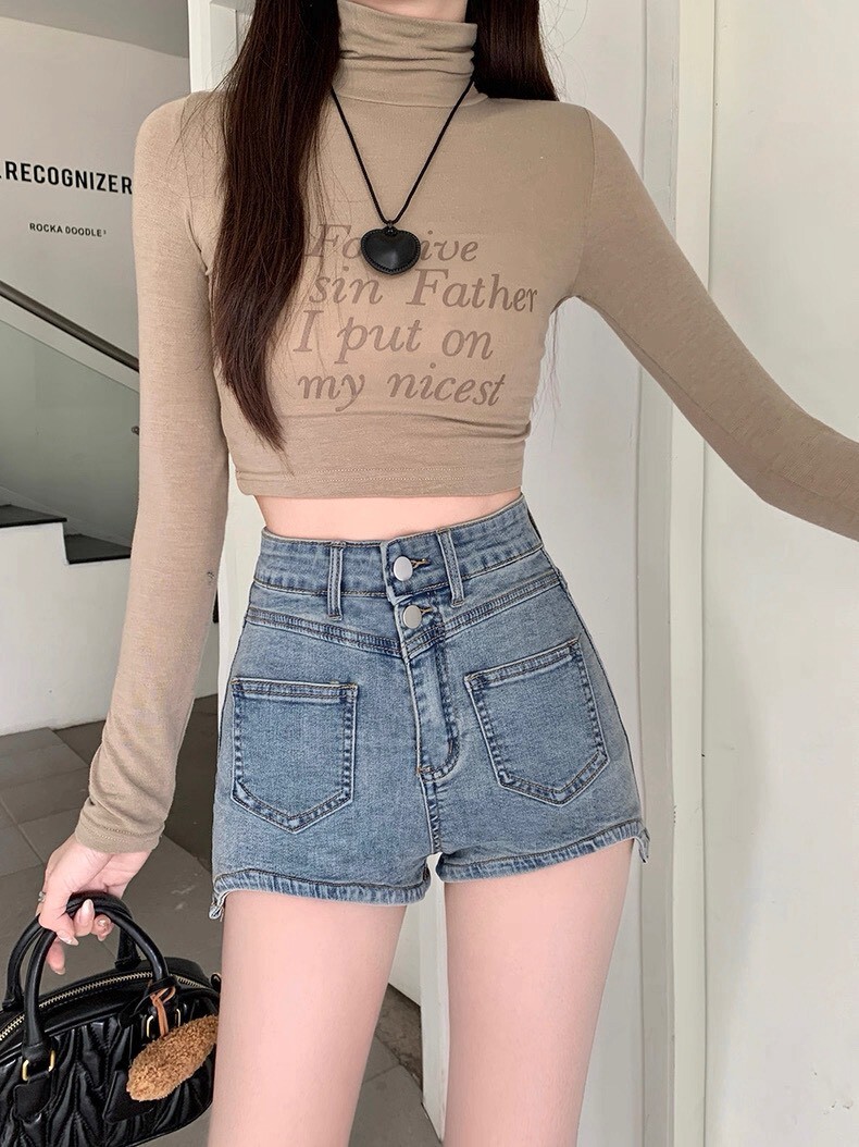 雙釦褲管弧度牛仔短褲 3921