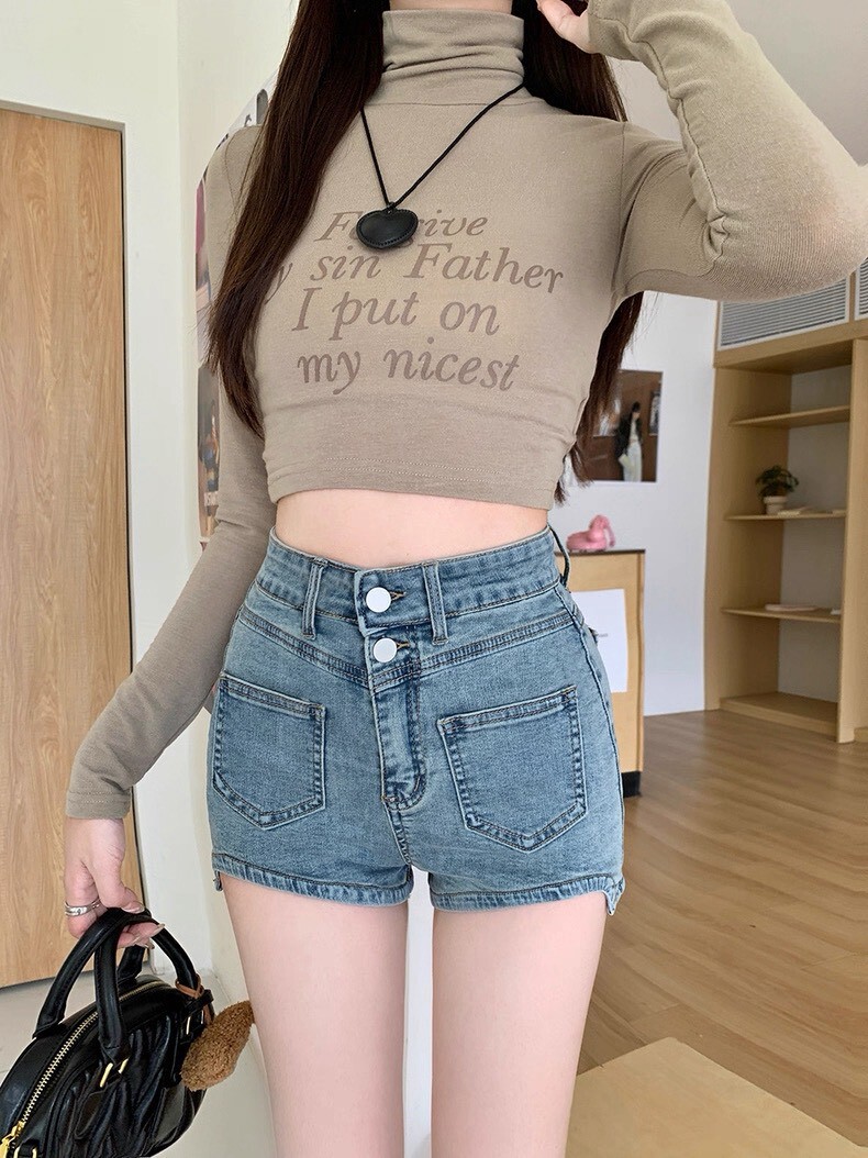 雙釦褲管弧度牛仔短褲 3921