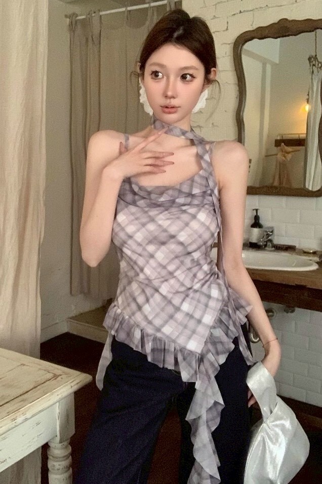 格紋繞脖+不規則格紋造型背心