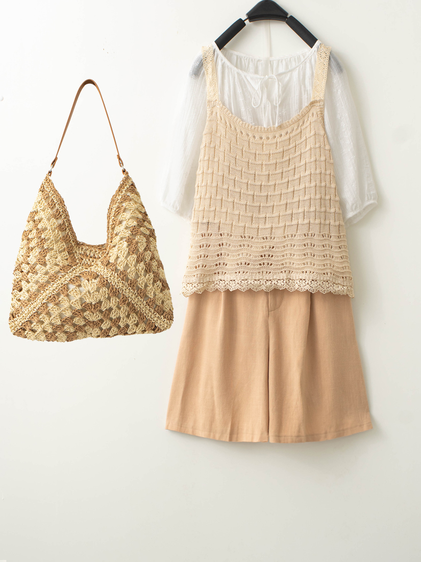 編織背心繡花領口綁帶上衣棉麻短褲組合