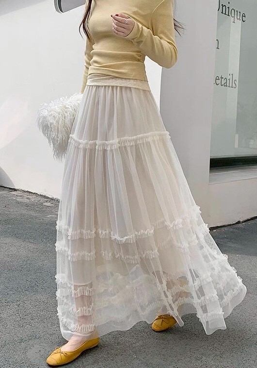 拼接荷葉透紗雙層長裙