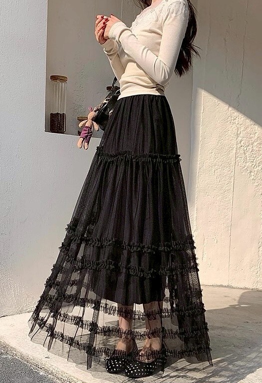 拼接荷葉透紗雙層長裙