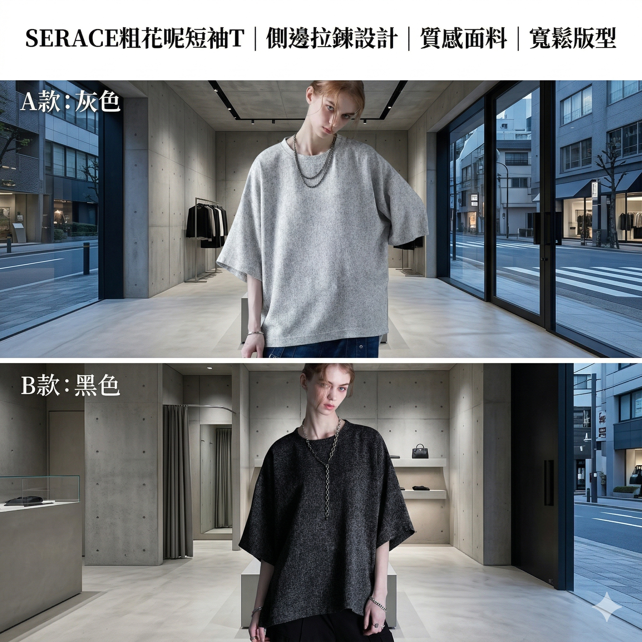 【預購】J0409604 SERACE粗花呢短袖T｜側邊拉鍊設計｜質感面料｜寬鬆版型｜男女通用 SERsc1214 2款