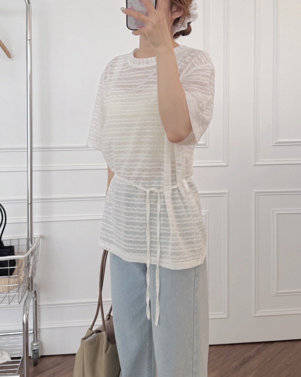 法朵Fado shop｜透膚綁繩短袖上衣(附大腸圈) 0315001 三色