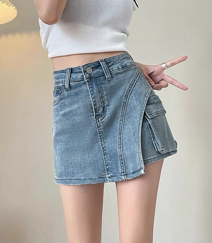 斜邊側口袋牛仔褲裙 8009淺藍 8010煙灰