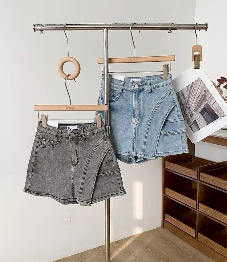 斜邊側口袋牛仔褲裙 8009淺藍 8010煙灰