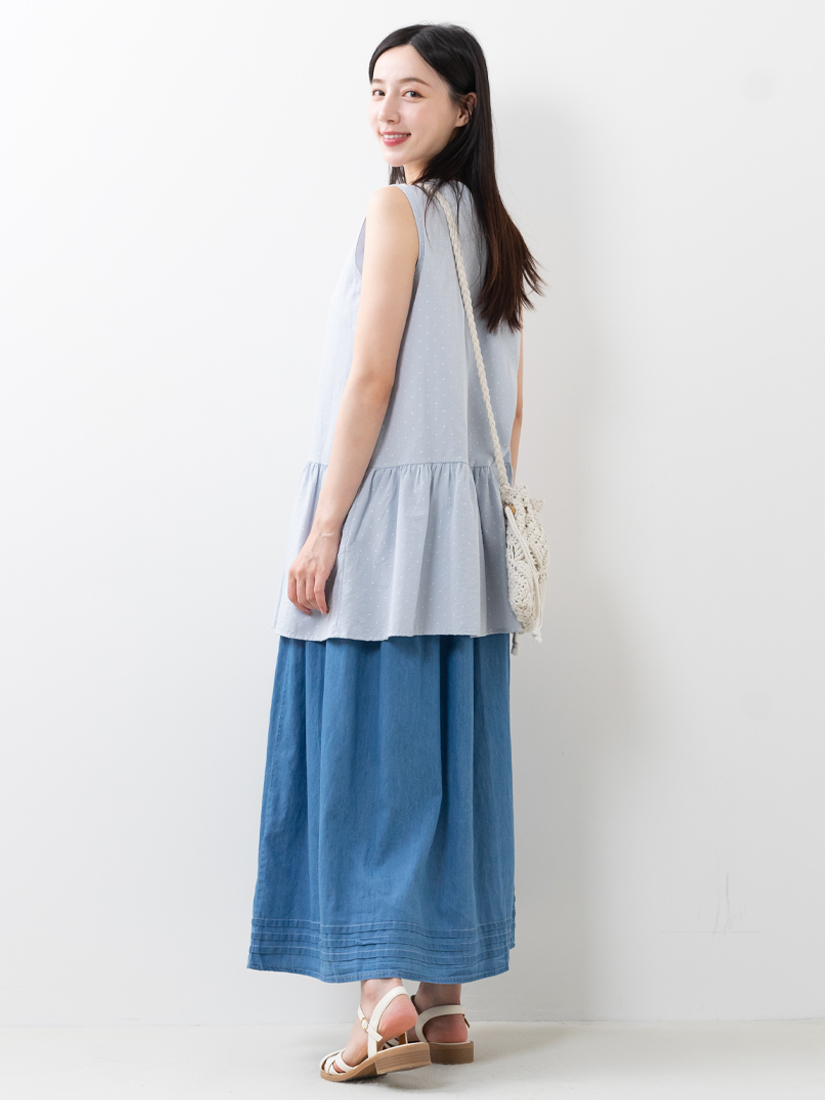 圓點剪接下擺無袖上衣下擺壓褶牛仔裙組合