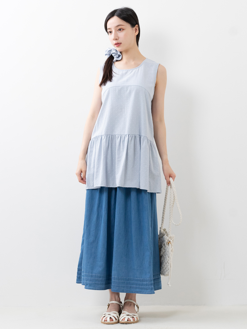 圓點剪接下擺無袖上衣下擺壓褶牛仔裙組合