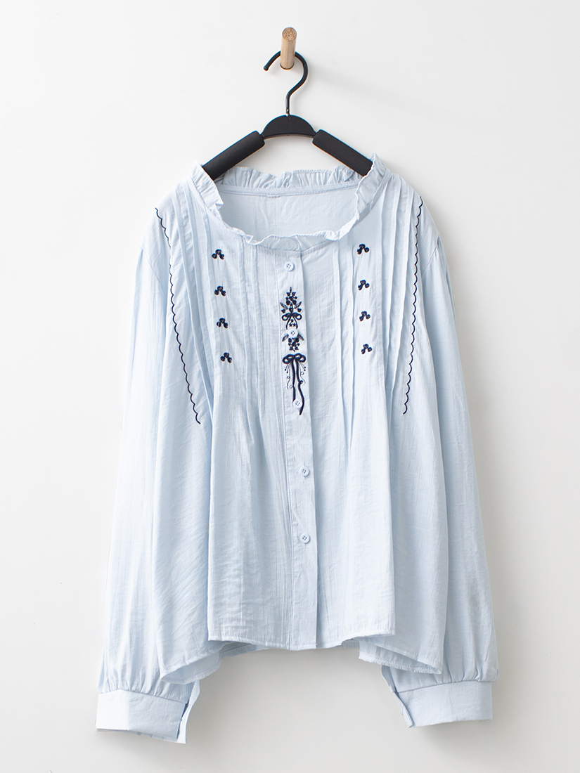 荷葉刺繡壓褶襯衫剪接開衩純棉長裙組合