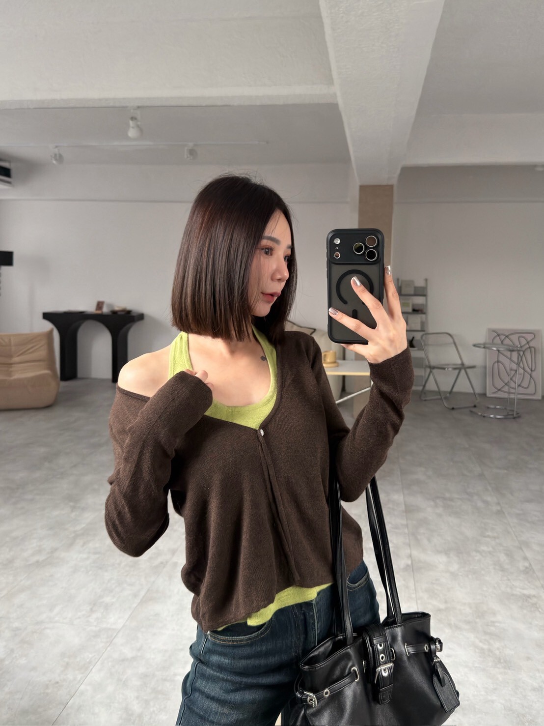 假兩件繞脖針織上衣