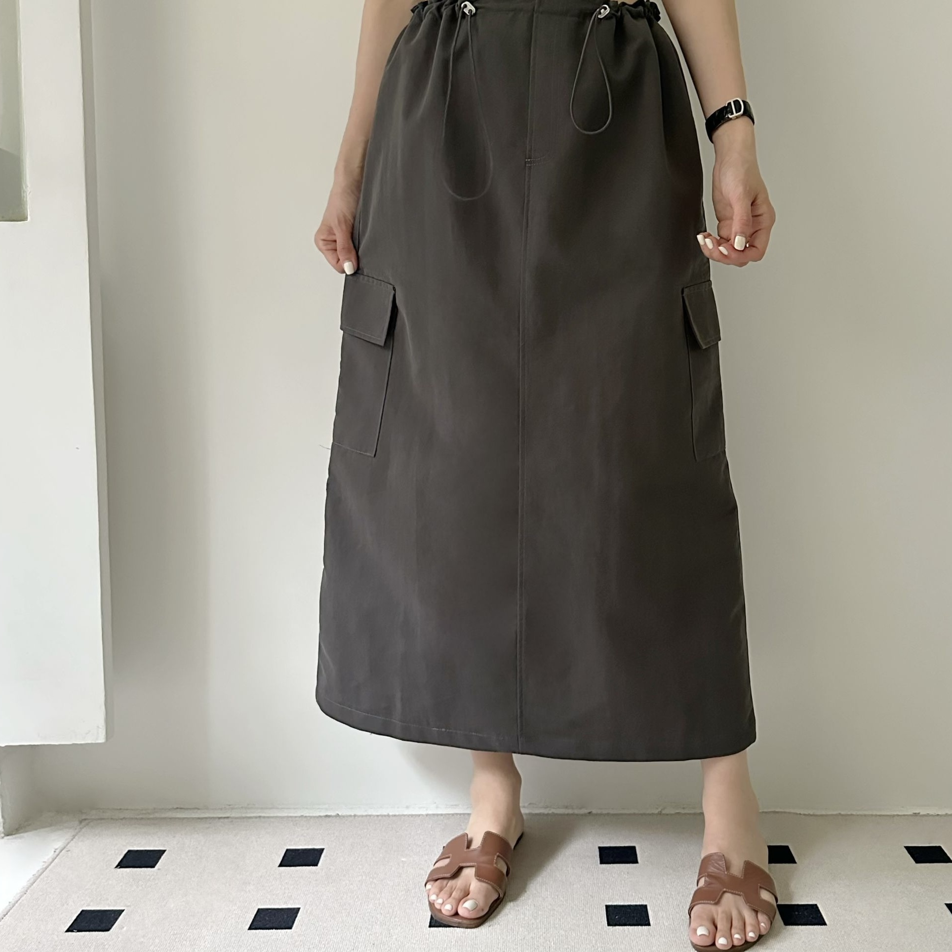 【BONNIE】💚索繩腰斜布側袋長半裙 (E18-E19)