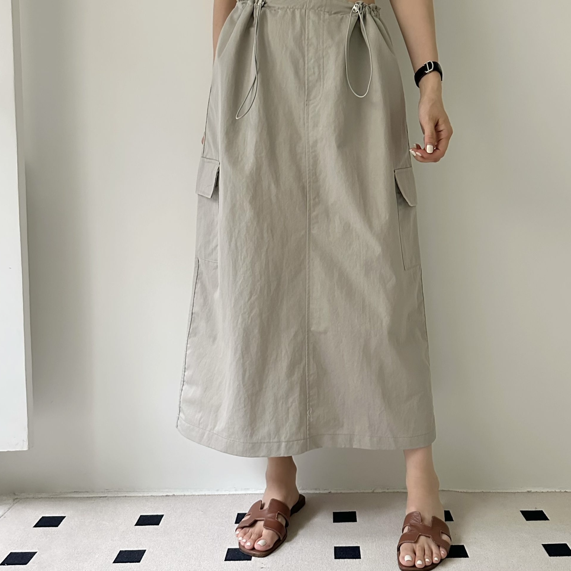 【BONNIE】💚索繩腰斜布側袋長半裙 (E18-E19)