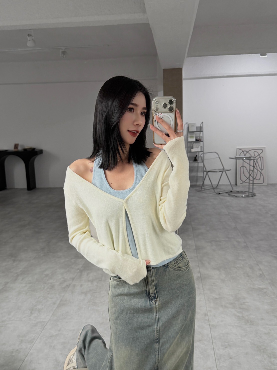 假兩件繞脖針織上衣