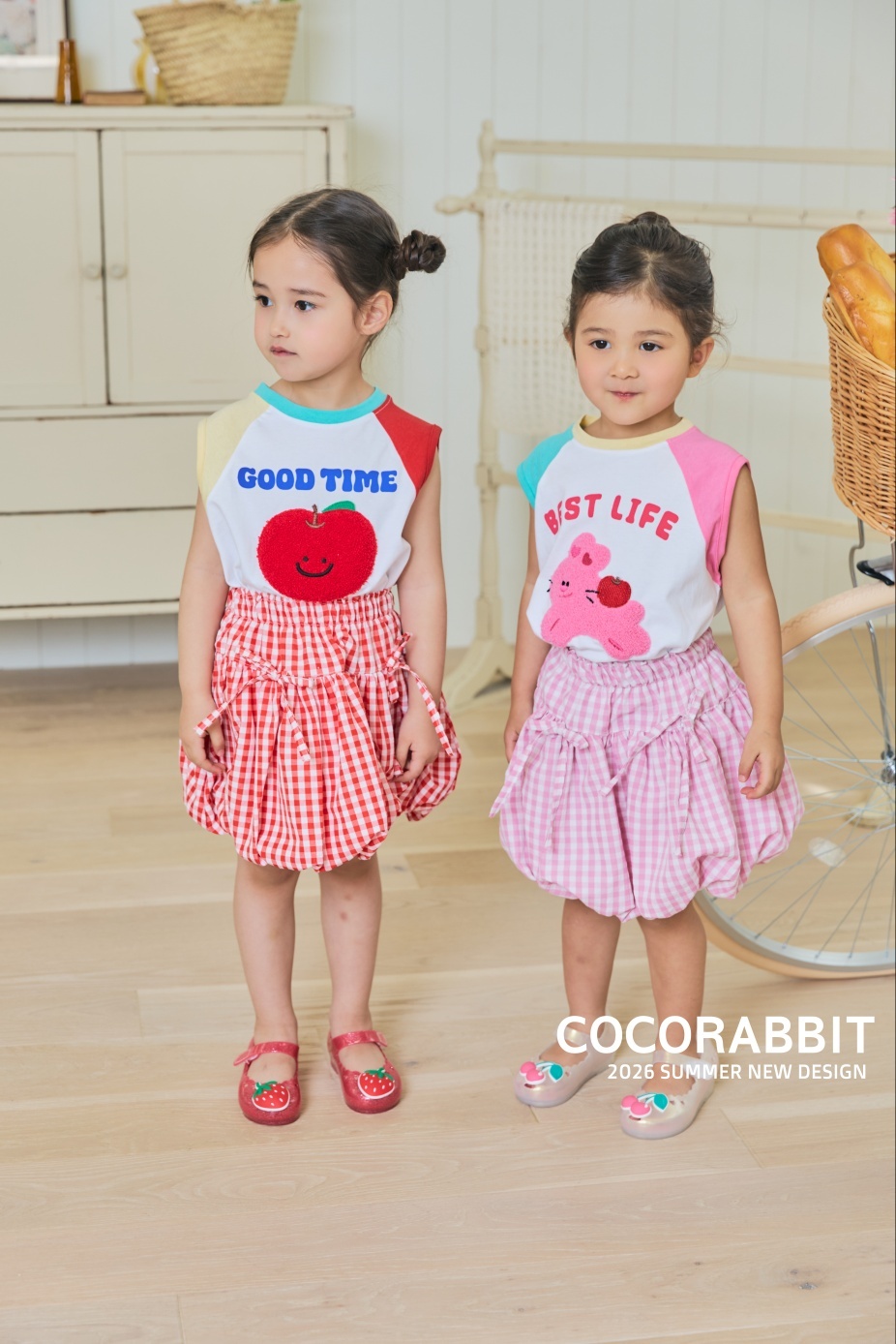韓國🇰🇷COCORABBIT 拼袖貼布上衣＋格紋蝴蝶結裙套裝(S-2XL)