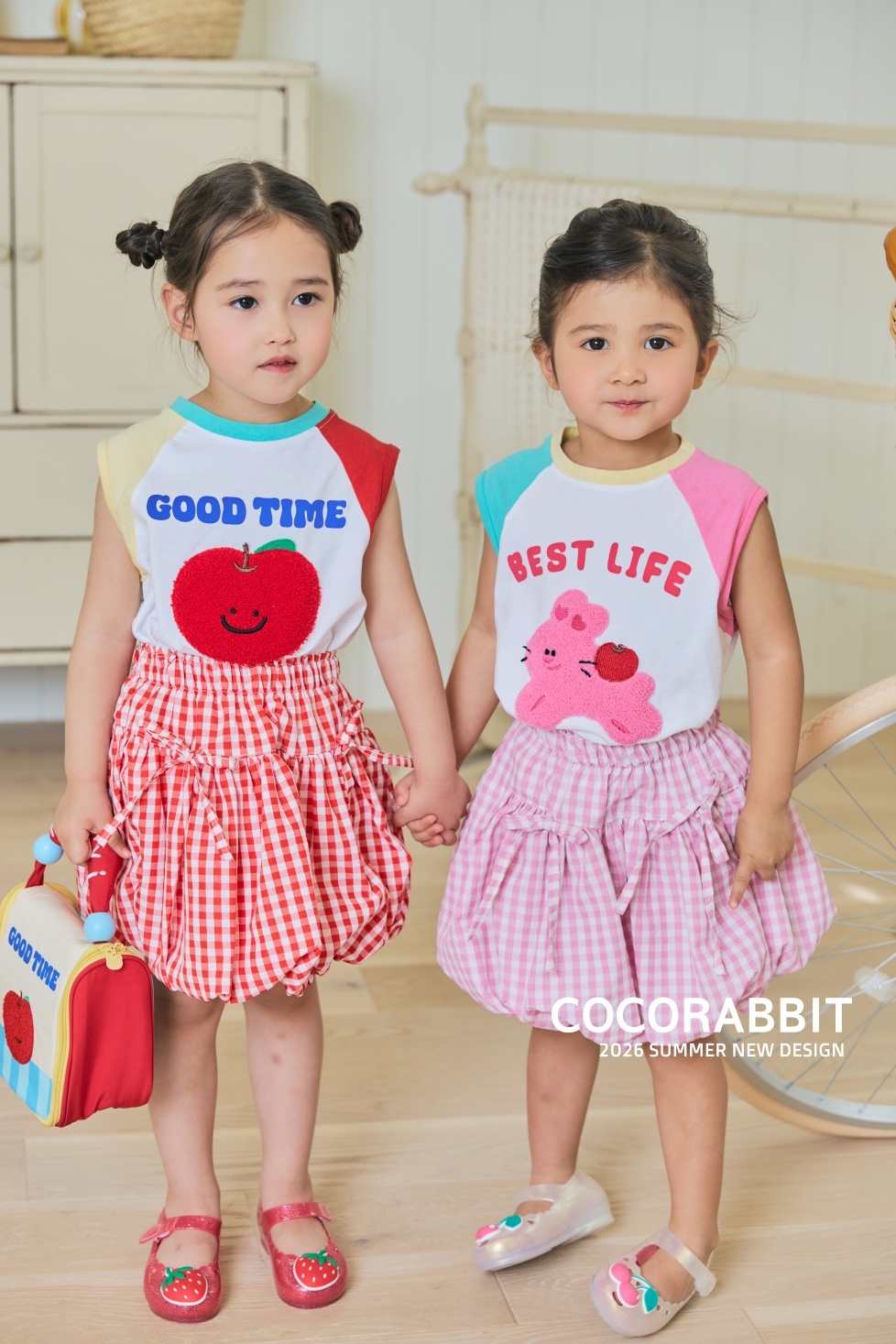 韓國🇰🇷COCORABBIT 拼袖貼布上衣＋格紋蝴蝶結裙套裝(S-2XL)