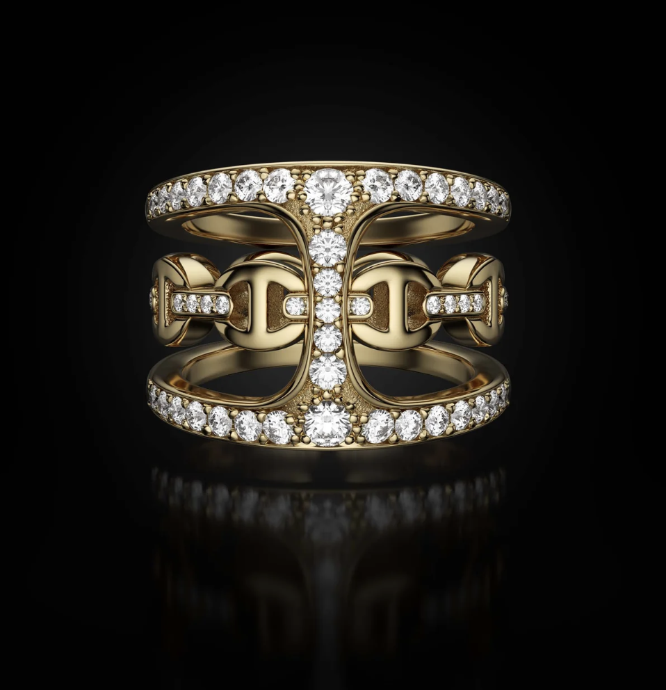 HB020D-YGWD Phantom Clique Ring K18 w/diamonds,K18 Dame Tri-link w/diamonds bridges
